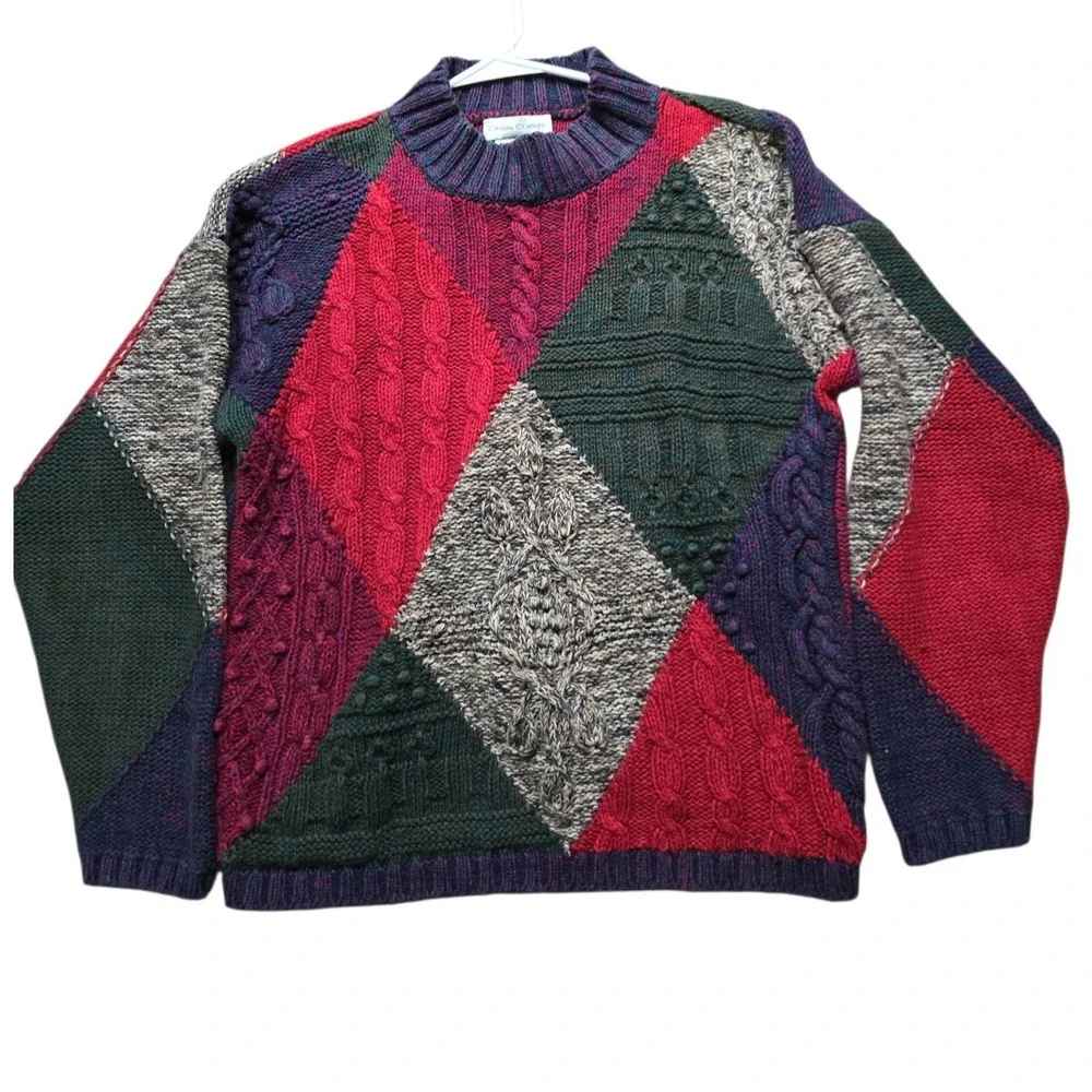 Vintage Casual Corner Chunky Sweater Med Diamond Argyle Green‎ Burgundy Tan EUC